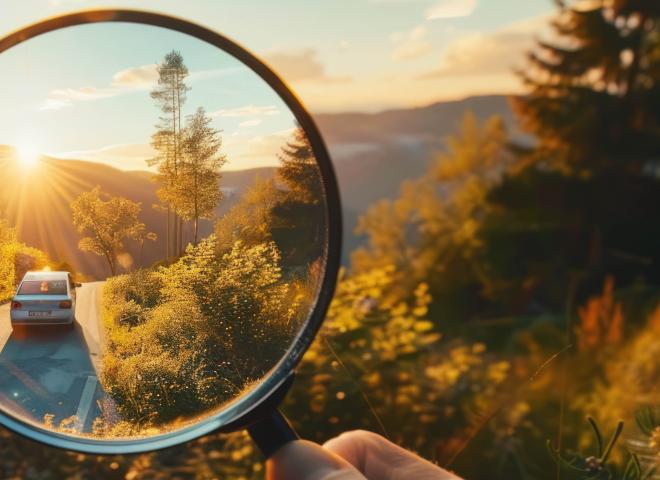 Une loupe zoom et vérifie une voiture d'occasion